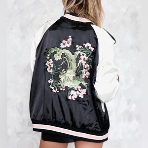 Floral Embroidered Black and Pink Bomber Jacket - REVERSIBLE !!!